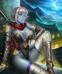  arm_guards arm_wrap blue_eyes blue_skin breasts city dark_elf elf jpeg_artifacts large_breasts lieqi_hun moon night pointy_ears resized resizing_artifacts runes scarf shingeki_no_bahamut short_hair silver_hair solo sword torn_clothes upscaled weapon 
