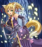  animal_ears black_legwear blonde_hair breasts dog_days elbow_gloves fox_ears fox_tail gloves green_eyes hammerman_benkei large_breasts long_hair open_mouth petals ponytail short_sword solo sword tail thighhighs weapon yukikaze_panettone 