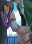  1boy 1girl against_wall bangs blush bonnie_(rsg) breasts brother_and_sister brown_eyes brown_hair clothed_sex digimon digimon_adventure_tri. doggystyle dress_shirt elbow_gloves gloves green_jacket grey_pants hair_ornament hairclip hetero incest jacket navel open_clothes open_jacket open_mouth open_pants outdoors panties pants pants_pull panty_pull parted_bangs purple_gloves pussy_juice sex shiny shiny_skin shirt short_hair siblings sleeveless sleeveless_shirt small_breasts torso_grab underwear white_panties white_shirt yagami_hikari yagami_taichi yellow_pants 