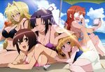  5girls absurdres barefoot beach bikini blonde_hair blue_eyes blush breasts brown_hair cleavage drink fang feet glasses green_eyes highres juice_box kazehana kusano large_breasts long_hair magazine_scan matsu_(sekirei) multiple_girls musubi ocean official_art one-piece_swimsuit opaque_glasses orange_eyes ponytail purple_hair scan sekirei soles straw sunagawa_masakazu swimsuit towel tsukiumi untying v wink 