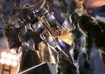  armor bullet_hole damaged dutch_angle gundam gundam_0080 gundam_alex helmet highres light mecha multiple_boys official_art promotional_art reactive_armor realistic science_fiction smoke soldier spotlight traditional_media 