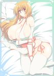  1girl areola_slip areolae bare_shoulders bed breasts brown_eyes brown_hair dead_or_alive elbow_gloves female gloves highres huge_breasts japanese_clothes kasumi kasumi_(doa) legs long_hair lying no_panties on_side solo tecmo thighhighs wedge white_legwear white_thighhighs wide_hips 