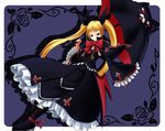  animal_themed_umbrella black_umbrella blazblue blonde_hair boots bow dress frilled_dress frills gii gothic_lolita hair_ribbon highres lolita_fashion long_hair nago rachel_alucard red_bow red_eyes ribbon solo takkayaa_(wasshi3) umbrella 