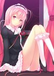  alternate_costume alternate_hair_length alternate_hairstyle blush bobby_socks curtains daiaru hairband heart high_heels kneehighs komeiji_satori long_hair looking_at_viewer panties pink_eyes pink_hair shoes sitting smile socks solo third_eye touhou underwear white_panties window 