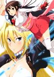  2girls absurdres blonde_hair blurry breasts brown_hair cleavage cover dvd_cover fingerless_gloves gloves highres multiple_girls musubi sekirei thighhighs tsukiumi 