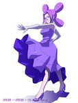  dress elbow_gloves gloves gym_leader high_heels melissa_(pokemon) mo-mo outstretched_arm pokemon pokemon_(game) pokemon_dppt purple_dress purple_eyes purple_hair quad_tails shoes smile solo white_gloves wind wind_lift 