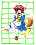  2002 amano_mishio animal_ears arm_support ascot collar fox_ears fox_tail highres kamihara_mizuki kanon maid maid_headdress purple_eyes red_hair ribbon short_hair signature sitting solo tail thighhighs white_legwear 