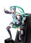 boots detached_sleeves green_hair hatsune_miku headset highres long_hair microphone necktie pointing sekira_ame skirt smile solo speaker thigh_boots thighhighs twintails very_long_hair vocaloid white_background 