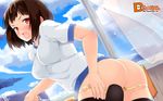  ass blush censored d_chara_mail dmm fang gym_uniform panties panty_pull red_eyes short_hair tagme_(artist) thighhighs underwear undressing 