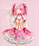  bad_id bad_pixiv_id bodice character_name collarbone gloves kaname_madoka magical_girl mahou_shoujo_madoka_magica naru_(andante) one_eye_closed petticoat pink_eyes pink_hair pink_skirt puffy_short_sleeves puffy_sleeves short_hair short_sleeves simple_background skirt solo twintails white_gloves 