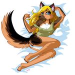  blue_eyes breasts canine cleavage clothed clothing dog female german_shepherd mammal midriff nipples shirt solo zenia 