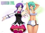  :d aquarion_(series) aquarion_evol blue_eyes blush breasts butter-t cleavage cleavage_cutout dark_skin fang green_hair large_breasts long_hair mikono_suzushiro multiple_girls navel open_mouth pink_legwear pleated_skirt purple_eyes purple_hair short_hair skirt smile thigh_gap thighhighs thighs zessica_wong zettai_ryouiki 