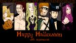  1girl 5boys basil_hawkins black_hair blonde_hair blue_eyes devilwolf_69 domino_mask earrings eustass_captain_kid facial_mark facial_markings hair_over_one_eye halloween horns jewelry jewelry_bonney killer_(one_piece) lipstick long_hair makeup mask monster_boy multiple_boys necklace one_piece orange_hair pink_hair red_eyes red_hair scar supernova tattoo trafalgar_law transformation vampire x_drake 