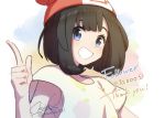  1girl artist_name bangs beanie black_hair blue_eyes blush collarbone creatures_(company) directional_arrow english_text female flat_chest floral_print followers game_freak grin hand_up happy hat looking_at_viewer miu_(miuuu_721) mizuki_(pokemon) nintendo number pointing pointing_up poke_ball_theme pokemon pokemon_(game) pokemon_sm red_hat shiny shiny_hair shirt short_hair short_sleeves signature smile solo teeth twitter_username undershirt upper_body 