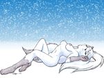  arctic_fox artica_lagopus blue_eyes breasts canine erect_nipples extinctioners female fluffy_tail fox fur gloves_(marking) hair long_hair looking_at_viewer lying mammal markings navel nipples nude on_back pink_nipples smile snow socks_(marking) solo steven_stagg white_fur white_hair 