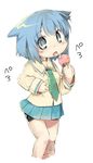  animal_ears bad_id bad_pixiv_id bike_shorts blue_eyes blush cat_ears food holding ice_cream licking looking_at_viewer lowres momotsuki_gakuen_school_uniform open_mouth pani_poni_dash! pleated_skirt sailor_collar serizawa_akane short_hair skirt solo tefun_(tehun) tongue translated white_background yellow_sailor_collar 