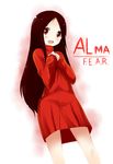  :d alma_(f.e.a.r.) blush brown_hair butter-t dress f.e.a.r. long_hair open_mouth red_dress red_eyes red_skirt skirt smile solo 