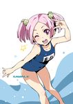  ;d \m/ amakasu_mayo blush collarbone inue_shinsuke long_hair looking_at_viewer maji_de_watashi_ni_koi_shinasai! name_tag one-piece_swimsuit one_eye_closed open_mouth pink_eyes pink_hair sample school_swimsuit smile solo star swimsuit twintails 