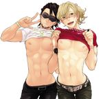  barnaby_brooks_jr belt blonde_hair closed_eyes facial_hair glasses green_eyes holding_hands kaburagi_t_kotetsu male_focus mask mhr multiple_boys navel nipples open_mouth shirt_lift smile tiger_&amp;_bunny v 