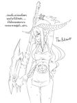  apron blush breasts butter-t demon_girl diablo diablo_3 genderswap genderswap_(mtf) greyscale heart huge_breasts huge_weapon long_hair looking_at_viewer monochrome naked_apron scar smile solo thai the_butcher translation_request weapon 