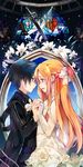 1girl :d asuna_(sao) black_eyes black_hair blush braid brown_eyes couple dress elbow_gloves eye_contact flower from_side gloves hair_ribbon heart hetero highres jewelry kirito lily_(flower) long_hair looking_at_another married open_mouth orange_hair ribbon ring sheska_xue short_hair smile stained_glass sword sword_art_online weapon wedding_dress wedding_ring 