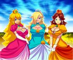  arms_behind_back blonde_hair blue_dress blue_eyes breasts brown_hair cleavage cleavage_cutout crown dress elbow_gloves gem gloves gown hair_over_one_eye highres huge_breasts long_hair maniacpaint mario_(series) multiple_girls pink_dress princess_daisy princess_peach rosetta_(mario) super_mario_bros. super_mario_galaxy very_long_hair white_gloves yellow_dress 