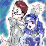  1boy 1girl blue_eyes blue_hair breasts brown_hair collar collor damia fins glasses happy lowres mermaid monster_girl playstation pointy_ears red_eyes robe syuveil the_legend_of_dragoon tiara 