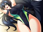  1boy 1girl amrpits armpits arms_up bishop_(company) black_hair blue_hair breasts cameltoe competition_swimsuit crotch game_cg green_eyes hair_ornament hair_ribbon ikegami_tsubaki kagami kagami_hirotaka large_breasts long_hair looking_at_another lying on_back on_floor one-piece_swimsuit open_mouth ponytail ribbon shoes solo_focus sweat swimsuit thigh_gap thighhighs tiles ura_kyoushi_haitoku_no_inetsu_jugyou very_long_hair 