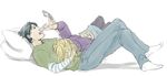  1boy 1girl batman_(series) bed black_hair blonde_hair cellphone chips couple dc_comics denim eating feeding green_shirt jeans lap_pillow laying lying on_back pants phone pillow potato_chips purple_shirt shirt socks stephanie_brown striped striped_shirt sweater tim_drake turtleneck 