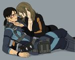  bad_id bad_pixiv_id blonde_hair blush bodysuit breasts brown_hair cleavage girl_on_top hair_over_eyes jill_valentine large_breasts multiple_girls no_bra nomade pouch rachael_foley resident_evil resident_evil_5 resident_evil_revelations short_ponytail yuri 