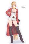  1girl areolae bad_id bad_twitter_id belt blonde_hair boots breasts cleavage contrapposto cyborg_009 francoise_arnoul gloves green_eyes hairband hand_on_hip high_heels highres jacket jpeg_artifacts large_breasts nipple_slip nipples panties pussy pussy_juice scarf shoes short_hair solo standing sweat thigh_boots thighhighs thighs underwear wedgie wet wet_clothes wet_panties xxzero 