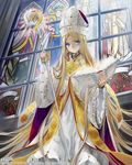  archbishop_(tenkuu_no_crystalia) artist_name blonde_hair blue_eyes book dress hat holding holding_book jane_mere long_hair looking_at_viewer mitre open_book solo staff stained_glass tenkuu_no_crystalia very_long_hair watermark 