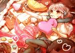  ameiro black_legwear cookie doughnut earmuffs eating food heart holding legwear_under_shorts long_hair mouth_hold mushroom original pantyhose pink_eyes pink_hair pocky ribbon shorts solo 