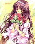  absurdres artist_name bare_shoulders bouquet brown_hair carnelian dress flower hairband highres light_smile long_hair looking_at_viewer original smile solo very_long_hair wavy_hair yellow_eyes 
