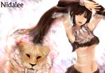  breasts brown_eyes brown_hair character_name cleavage cougar_(animal) detached_sleeves earrings forehead_jewel highres jewelry league_of_legends lips long_hair medium_breasts midriff navel necklace nidalee open_mouth ponytail red_eyes smile solo teeth tribal underboob zhang_xiao_bo 