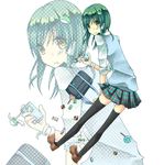  alternate_costume bag candy cellphone checkerboard_cookie cookie food green_eyes green_hair kochiya_sanae phone school_bag school_uniform serafuku solo suzumura_tomo thighhighs touhou zettai_ryouiki 