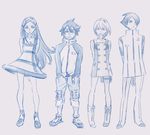  2girls anemone_(eureka_seven) blue dominic_sorel dress eureka eureka_seven eureka_seven_(series) jacket long_hair monochrome multiple_boys multiple_girls official_art production_art purple_background raglan_sleeves renton_thurston short_hair simple_background sketch yoshida_ken'ichi 