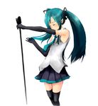 aqua_hair closed_eyes elbow_gloves gloves hatsune_miku long_hair microphone microphone_stand necktie skirt solo thighhighs tsukino_hp twintails vocaloid 