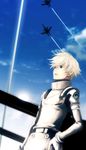  aircraft airplane armor bad_id bad_pixiv_id belt blonde_hair blue_sky cloud condensation_trail day full_armor gloves graham_aker gundam gundam_00 hand_on_hip jet male_focus shoulder_pads silhouette sky solo teddy_(artist) upper_body white_gloves 