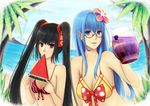  beach bikini bikini_top black_hair blue_hair copyright_request day food fruit glasses juice long_hair multiple_girls outdoors purple_eyes red_eyes sakimori_(hououbds) summer swimsuit twintails watermelon 