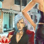  1girl artist_name blue_eyes blurry dante_(devil_may_cry) depth_of_field devil_may_cry food food_on_face fruit head_out_of_frame ice_cream leather mouth_hold parfait silver_hair spoon strawberry trish_(devil_may_cry) wafer wafer_stick wakky 