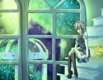  book braid flower izayoi_sakuya night short_hair silver_hair sitting solo stairs suzumura_tomo touhou tree twin_braids 