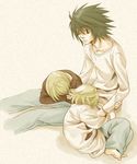  barefoot black_hair blonde_hair death_note l l_(death_note) lowres lying mello near open_mouth sitting sleeping white_hair 