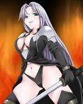  armor black_panties breasts covered_nipples final_fantasy final_fantasy_vii genderswap genderswap_(mtf) green_eyes large_breasts left-handed long_hair lowres navel okurapuchi panties sephiroth silver_hair smirk solo sword thighhighs underwear weapon wristband 