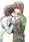  black_hair brown_hair cuffs death_note hand_holding handcuffs holding_hands l l_(death_note) lowres smile turtleneck yagami_light 