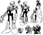  android ariga_hitoshi bird bone character_sheet cloak from_behind from_side greyscale helmet hood looking_at_viewer lowres mask monochrome multiple_views over_shoulder ribs rockman rockman_(classic) rockman_4 rockman_megamix scythe simple_background skull skullman_(rockman) standing weapon weapon_over_shoulder 