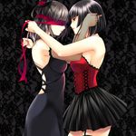  asymmetrical_legwear ayase_hazuki backless_dress backless_outfit bare_shoulders black_dress black_eyes black_hair blindfold breasts commentary covered_eyes dress elbow_gloves face-to-face fishnet_legwear fishnets from_side garter_straps gloves hat medium_breasts mini_hat multiple_girls original red_blindfold red_ribbon ribbon short_hair sideboob skirt thighhighs yuri yuujo 