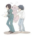  2boys artist_request bags_under_eyes barefoot black_hair death_note denim formal jeans l_(death_note) male_focus matsuda_touta multiple_boys necktie pants papers shirt star stuffed_animal stuffed_toy suit surprised teddy_bear white_shirt 