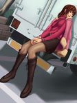  bad_id bad_pixiv_id belt between_breasts boots breasts brown_eyes brown_hair coat copyright_request cuffs dutch_angle ground_vehicle handcuffs maasan motor_vehicle pantyhose sitting skirt solo strap_cleavage truck turtleneck 