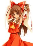  armpits arms_behind_head blush bow brown_eyes brown_hair detached_sleeves hair_bow hakurei_reimu long_hair looking_at_viewer reina_(black_spider) ribbon smile solo touhou 